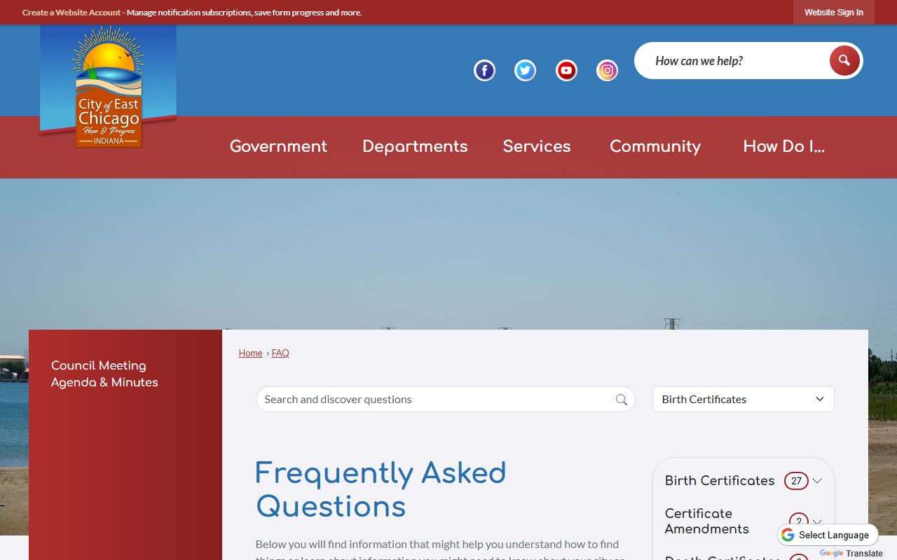 East Chicago city health department vital records FAQ page for East Chicago obituary records