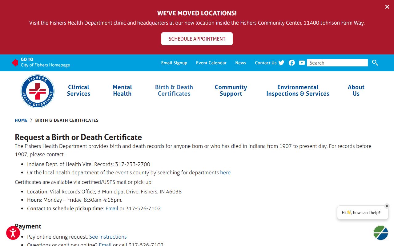 Fishers Health Department vital records page for Fishers obituary and death certificate requests