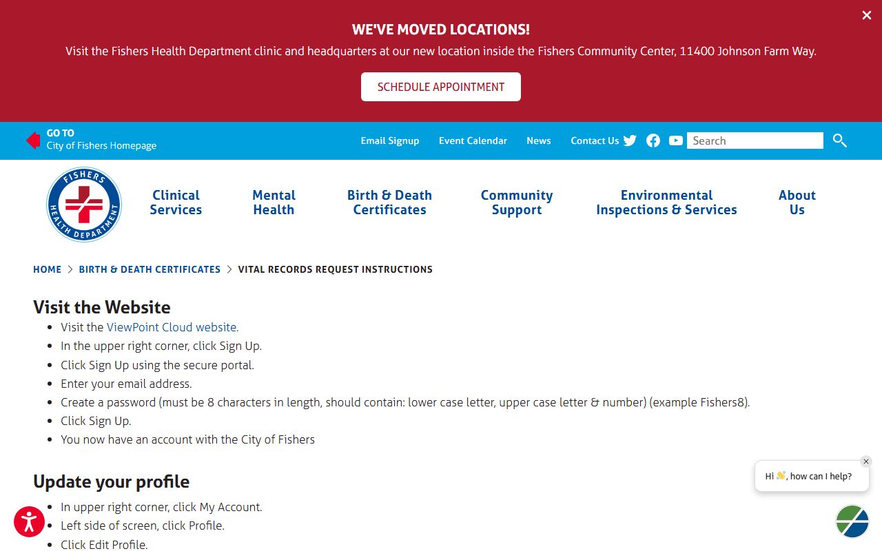 Fishers vital records request instructions page for Fishers obituary record requests