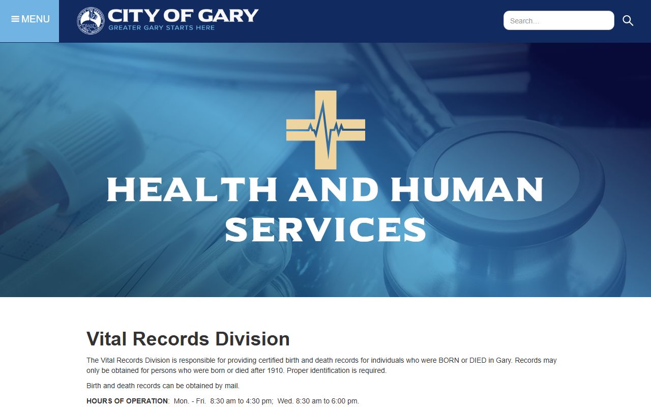 Gary Department of Health vital records page for Gary obituary and death certificate requests