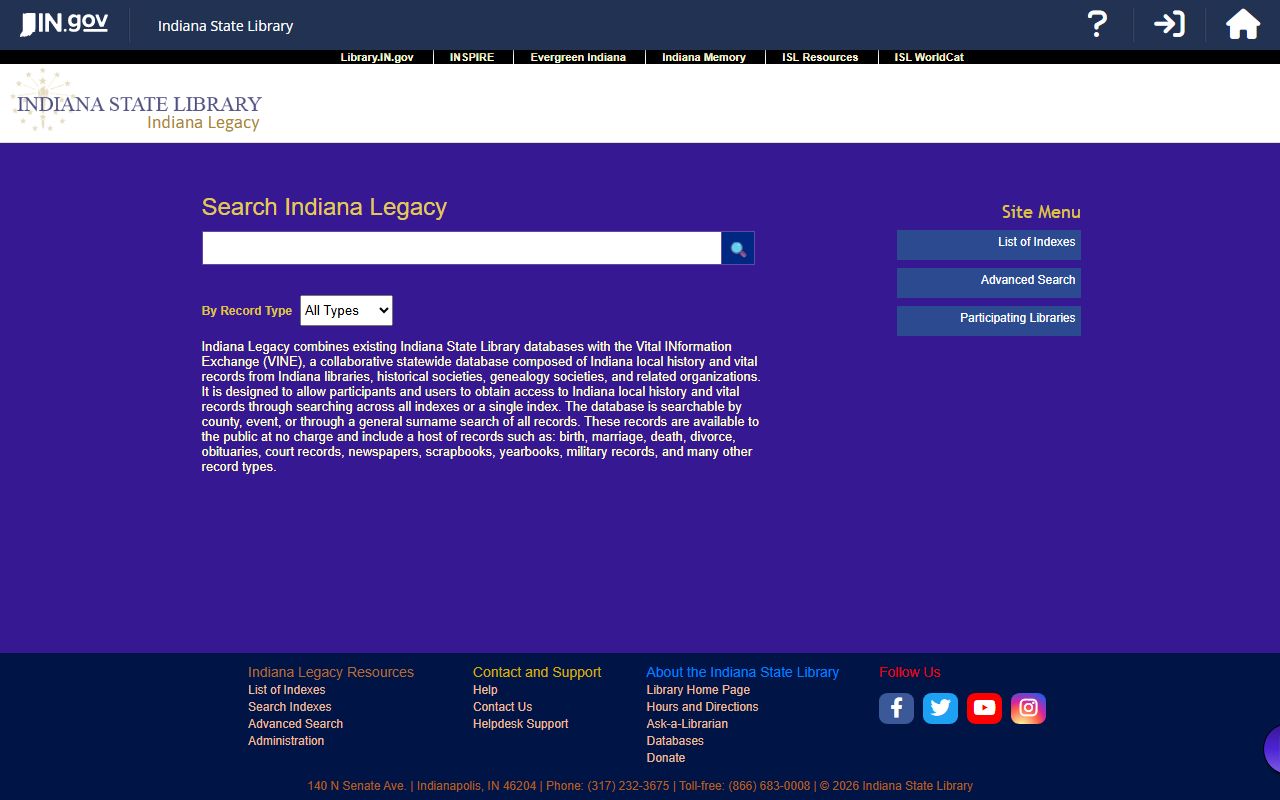 Indiana Legacy database for Bloomington obituary and death record research