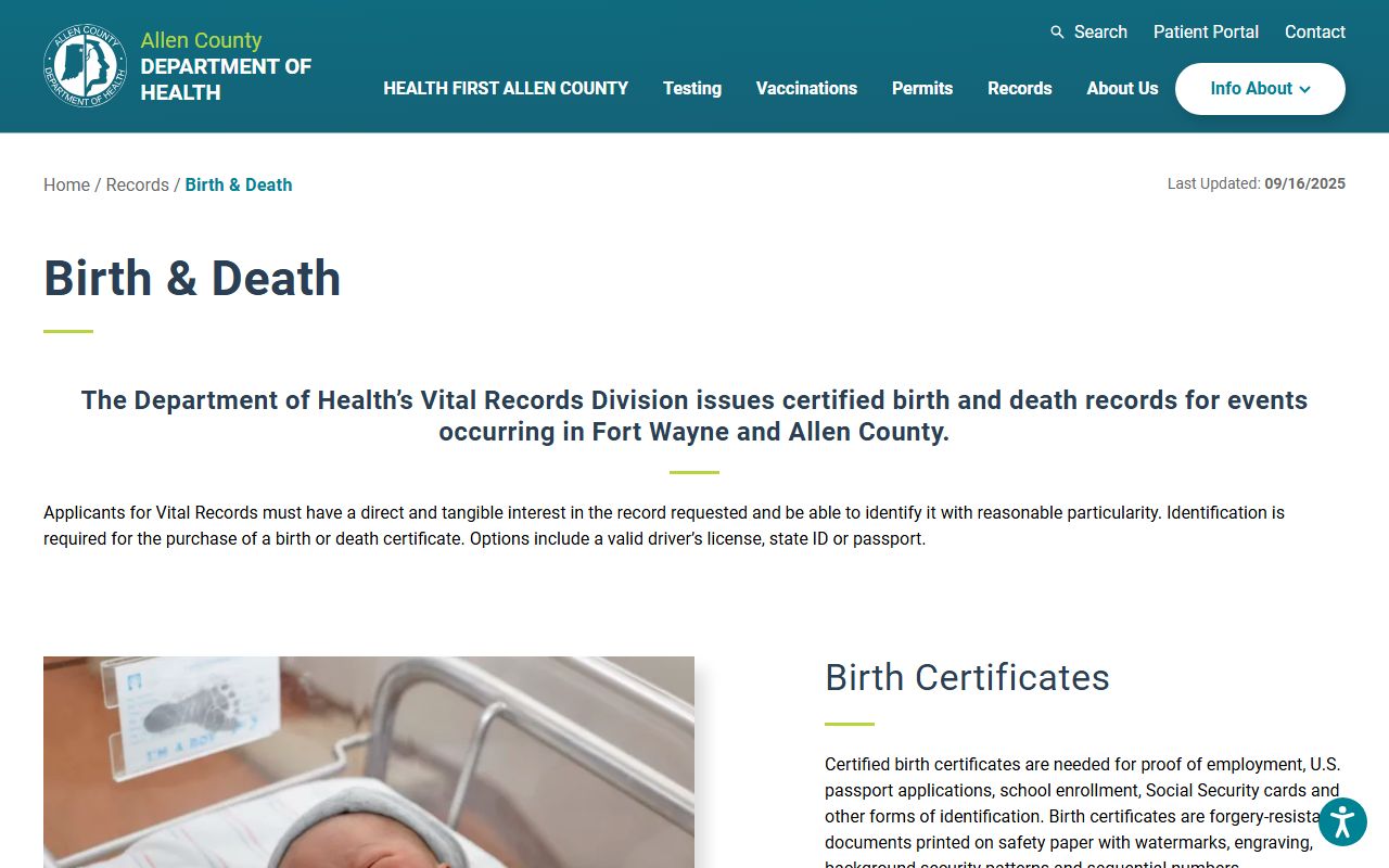 Allen County Health Department vital records page for obituary and death certificate requests
