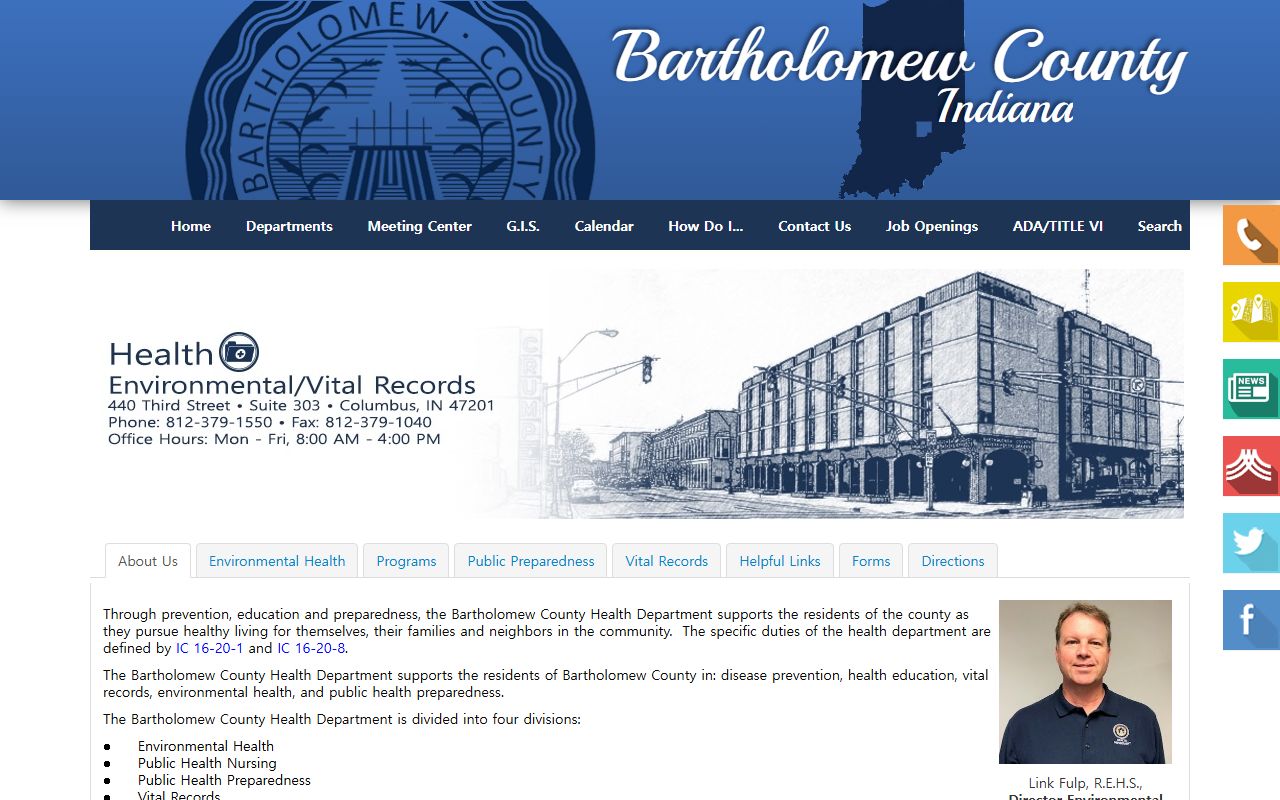Bartholomew County Health Department vital records page for obituary and death certificate requests