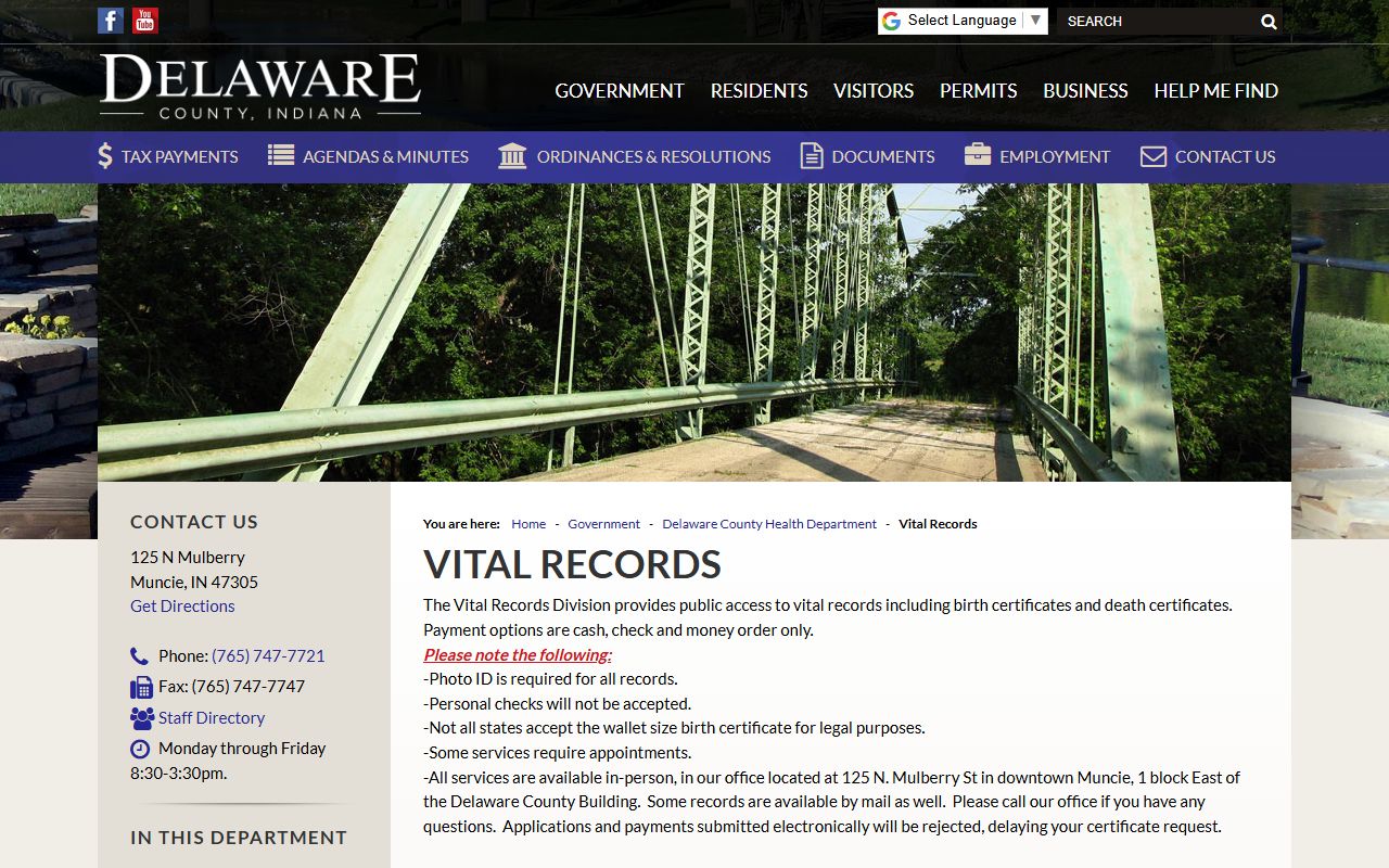 Delaware County Health Department vital records page for obituary and death certificate requests in Muncie Indiana