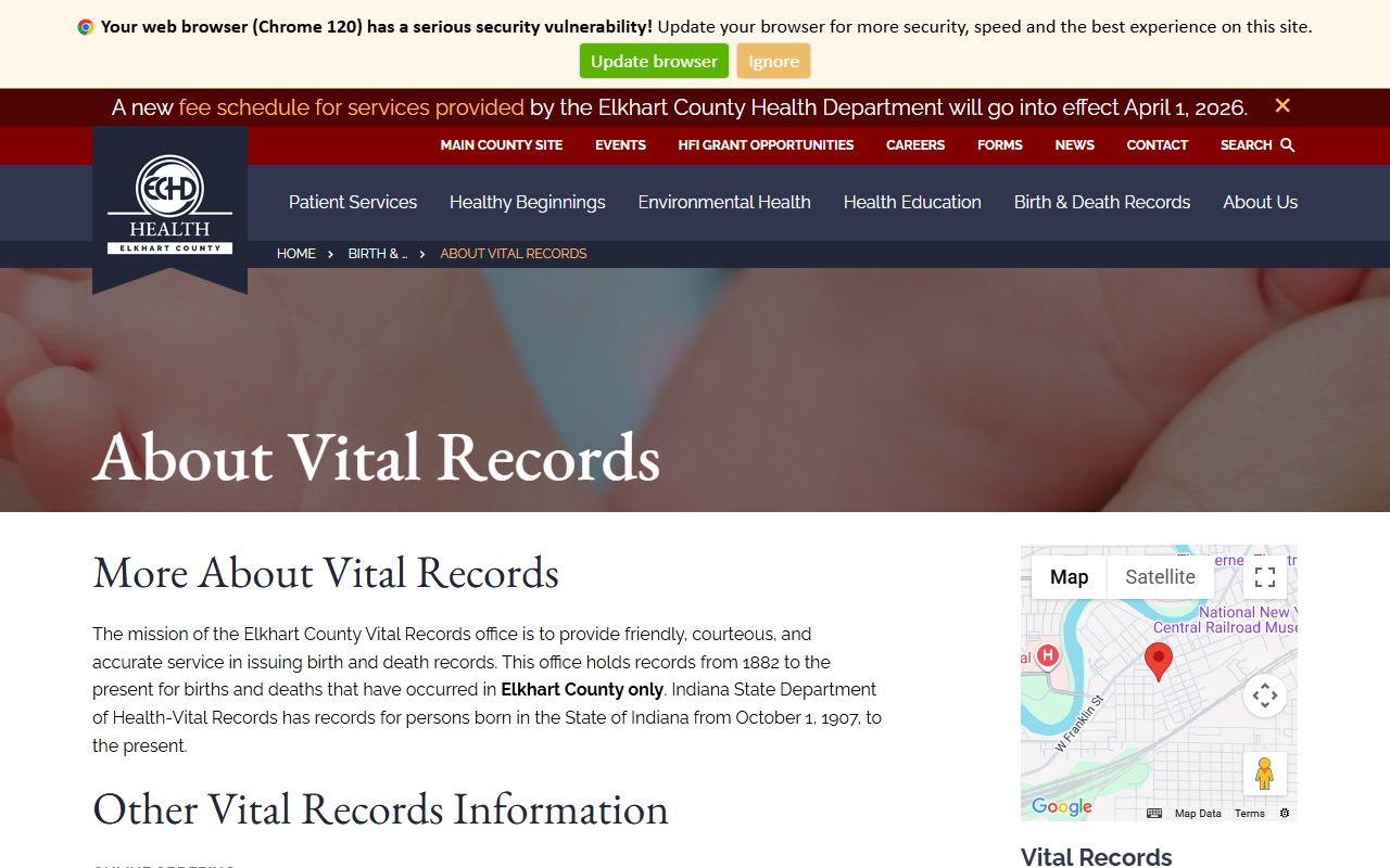Elkhart County Health Department vital records page for obituary and death certificate requests in Elkhart Indiana