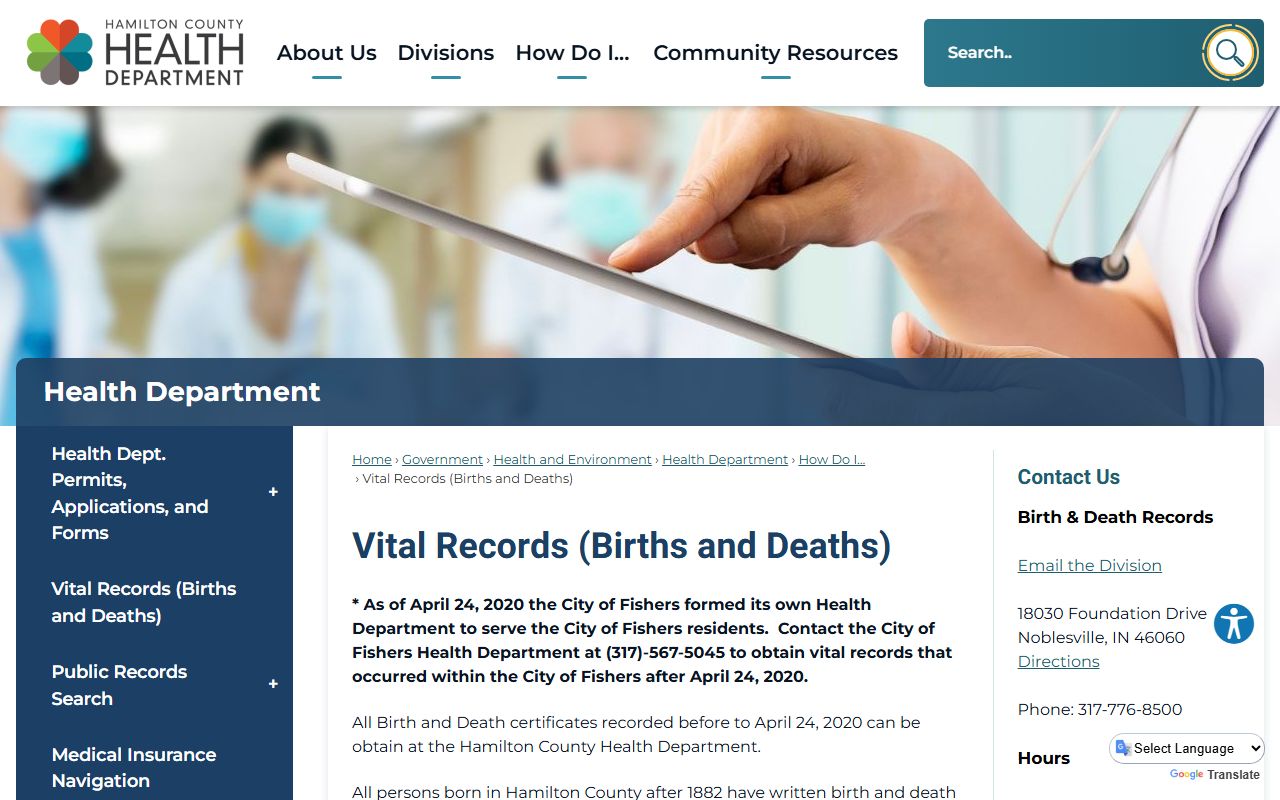 Hamilton County Health Department vital records page for Carmel obituary records