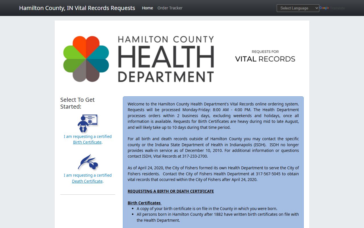 Hamilton County online vital records ordering portal for obituary death certificates