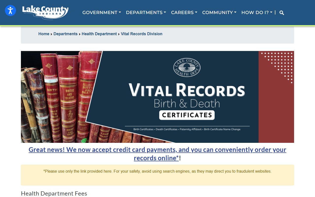 Lake County Health Department vital records division page for obituary death certificate requests
