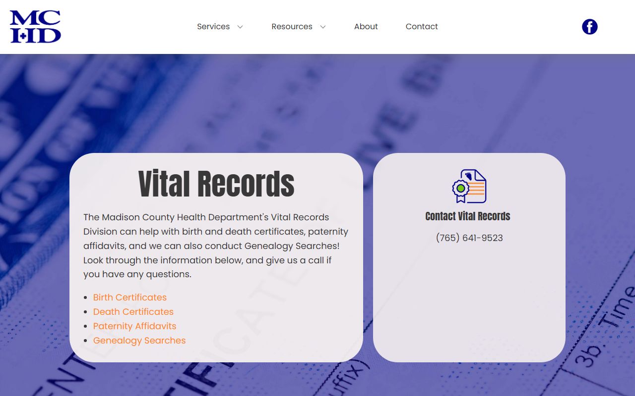 Madison County Health Department vital records page for obituary and death certificate requests