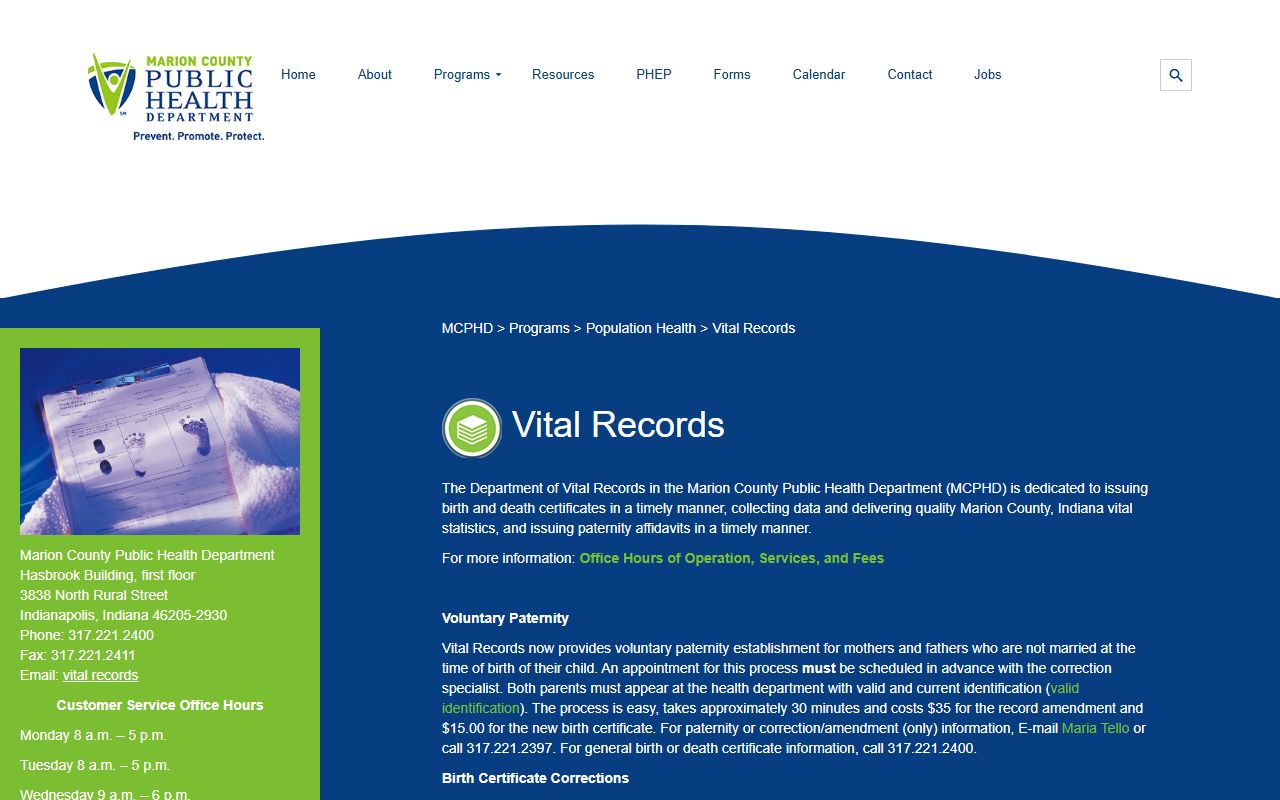 Marion County Public Health Department vital records page for Indianapolis obituary records