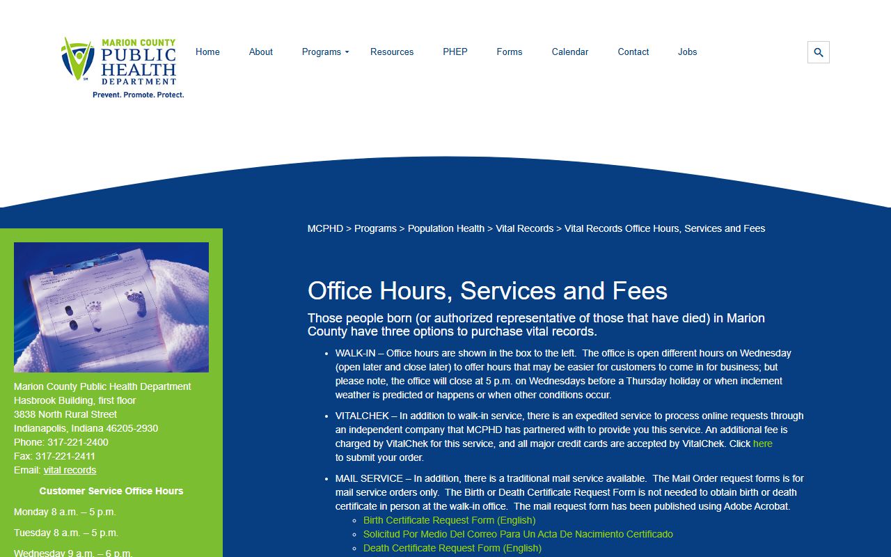 Marion County Health Department fees and hours page for obituary death record requests