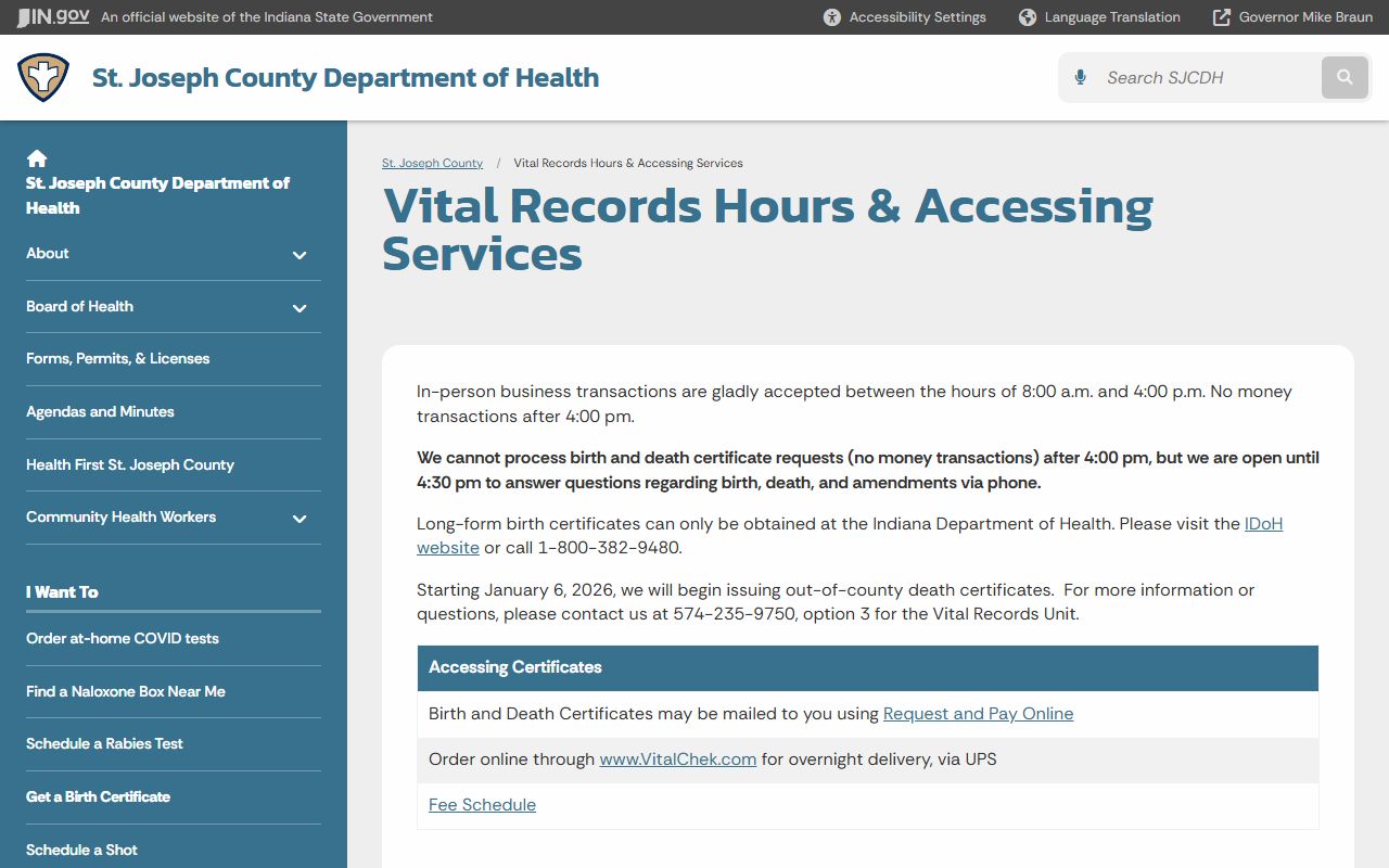 St. Joseph County Health Department vital records page for obituary and death certificates