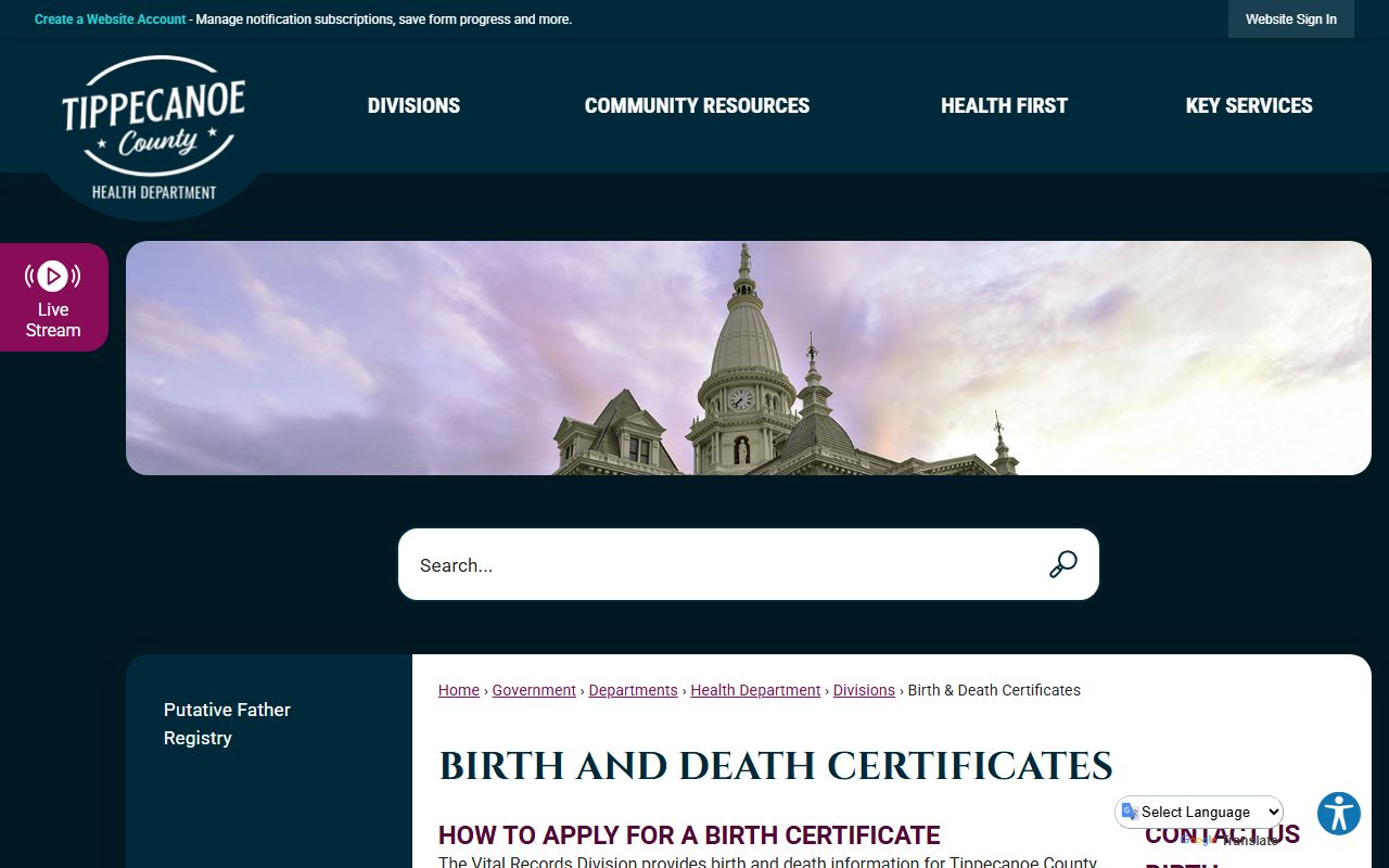 Tippecanoe County Health Department vital records page showing fees and instructions for death certificates