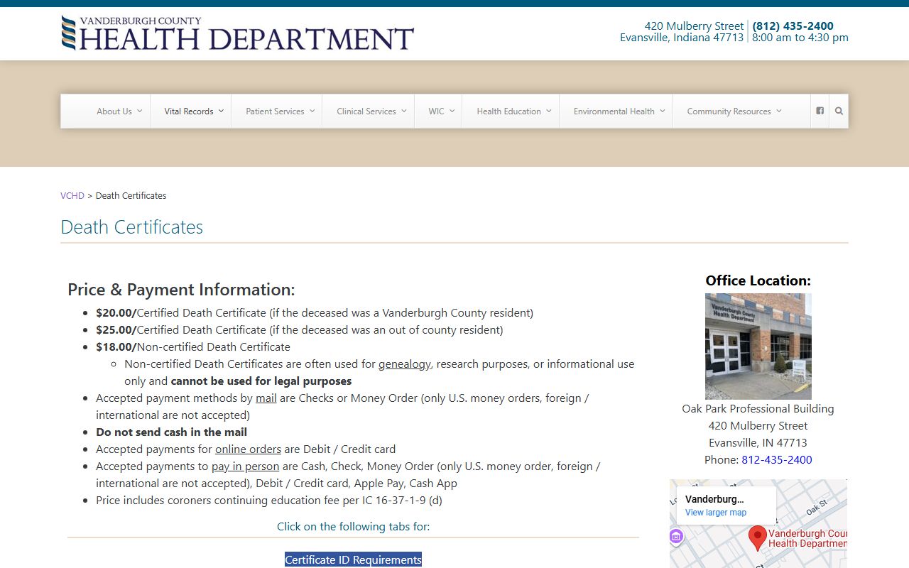 Vanderburgh County Health Department death certificate page for Evansville obituary records