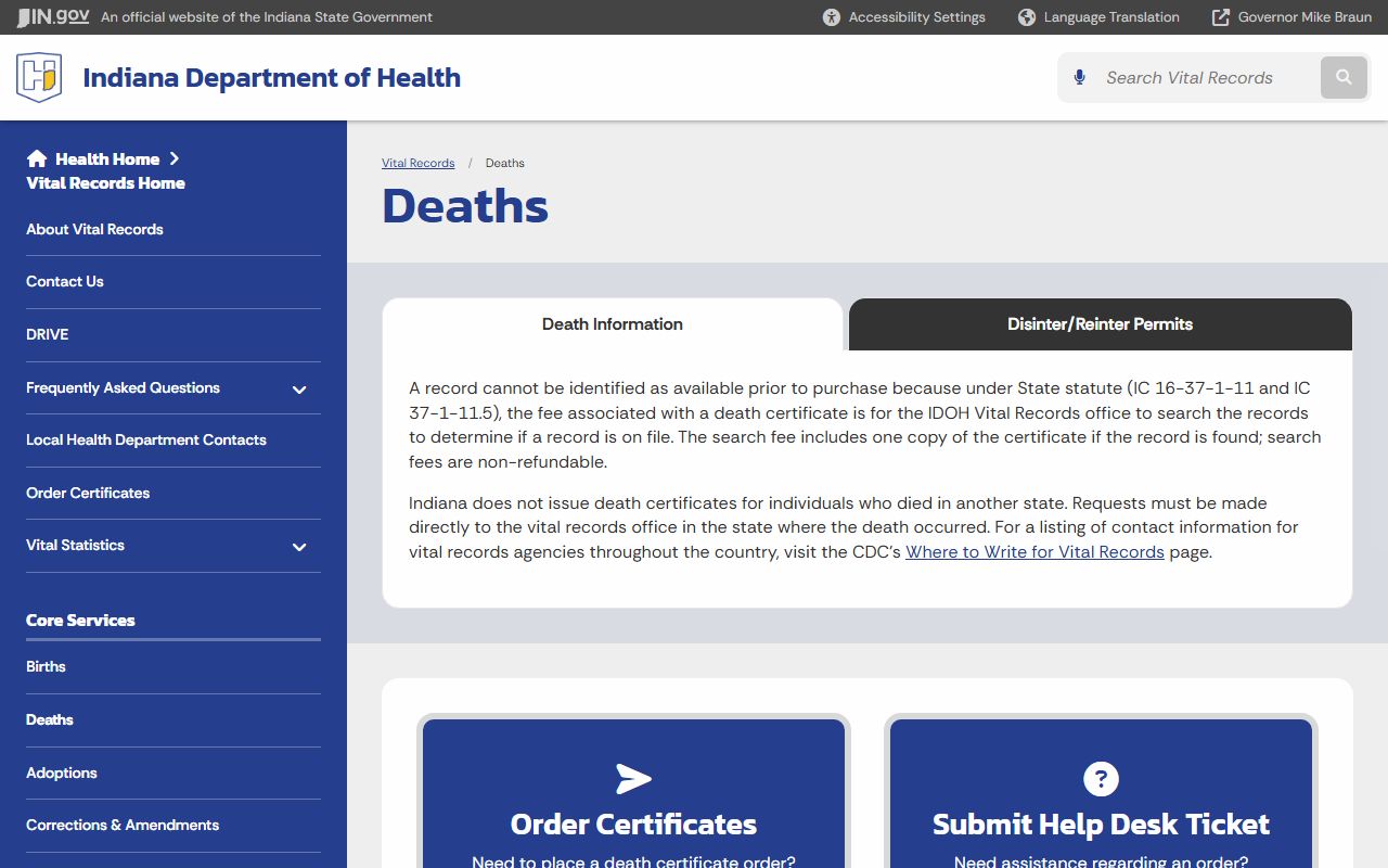 Indiana death information page explaining what Indiana death certificates contain