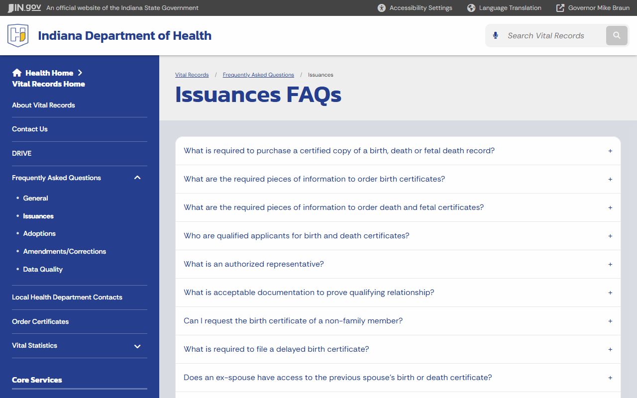 Indiana Department of Health FAQ page for vital records access and Indiana obituary information