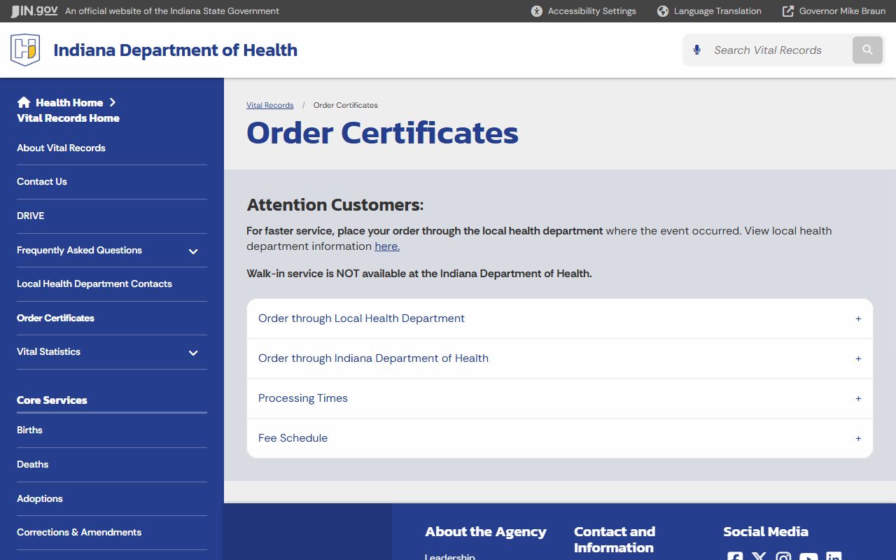 Indiana Department of Health vital records order page for Indiana death certificates and obituary records