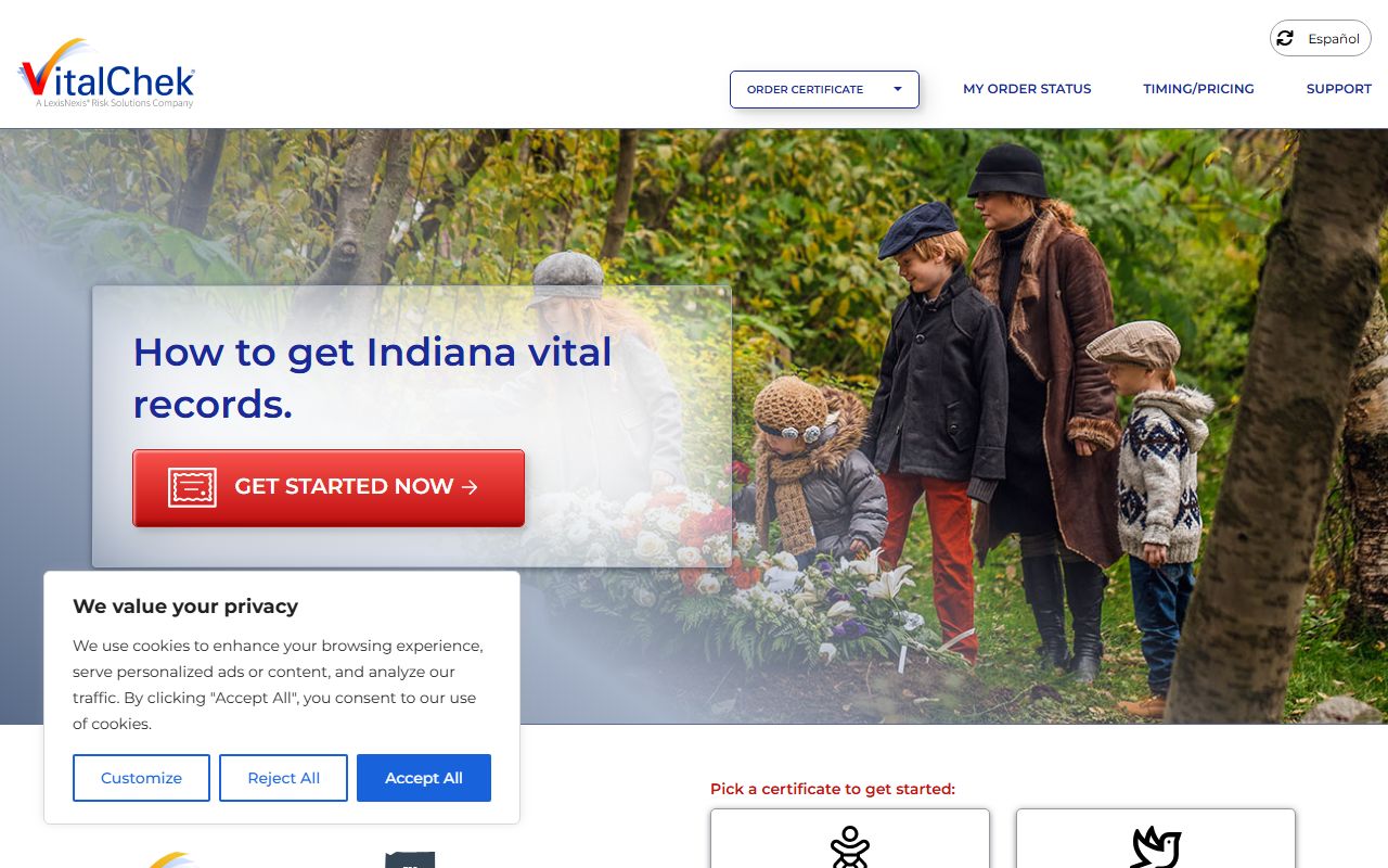 VitalChek online ordering portal for Indiana death certificates and obituary records